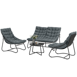 Ensemble de mobilier de patio 4 pièces, causeuse, chaises, table ronde en métal, coussins, gris