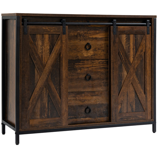 Buffet industriel avec portes coulissantes de style grange, trois tiroirs et étagères réglables, marron rustique