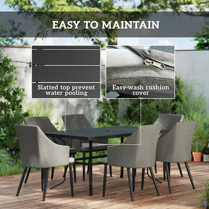 7 Piece Wicker Garden Furniture Set with Cushions, Parasol Hole, Slatted Top, for Garden, Porch, Balcony