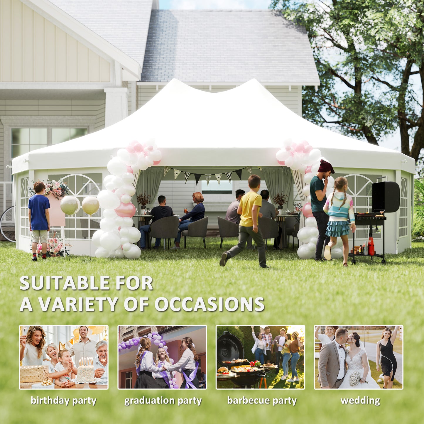 Outsunny 29 x 21 ft Decagon High-Pitch Party Tent with Canopy and 10 Removable Sidewalls, White