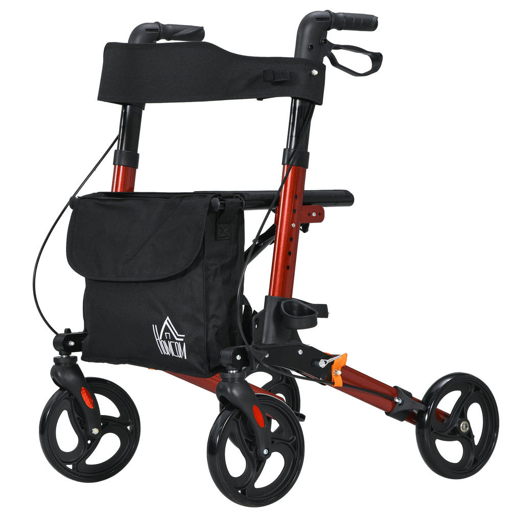 Senior walker with red seat and backrest