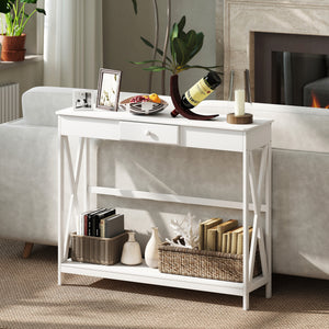 2-tier narrow console table, X design, with drawer and storage shelf, white