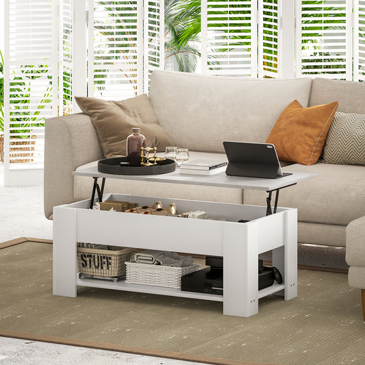 HOMCOM Lift-Top Coffee Table with Hidden Storage Compartment and Open Shelf, Living Room Center Table, White