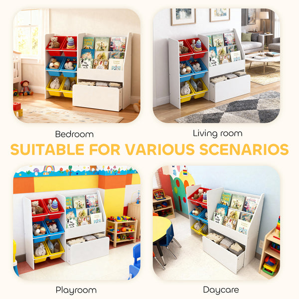 Qaba Kids Bookshelf and Toy Storage, 3-Tier Bookcase with 6 Removable Bins and Box for Toddler Nursery Playroom, Multi