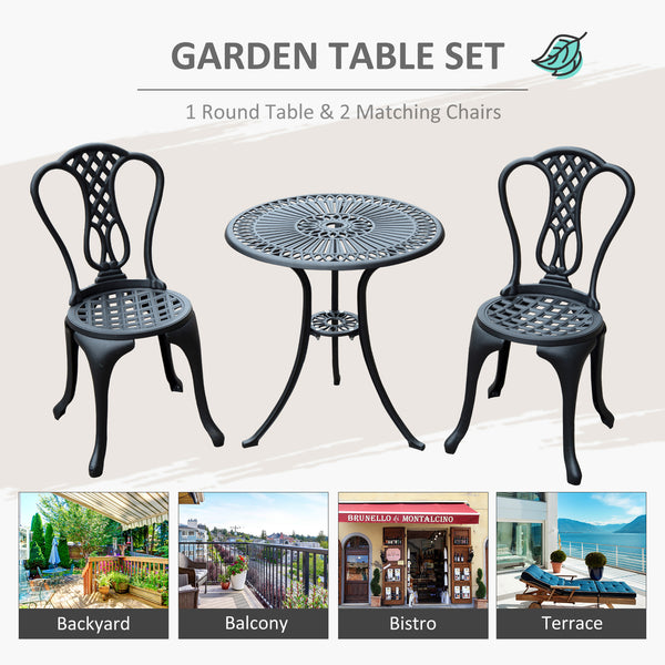 3 Pieces Antique Outdoor Bistro Set Cast Aluminum Patio Table and Chairs with Umbrella Hole, Black