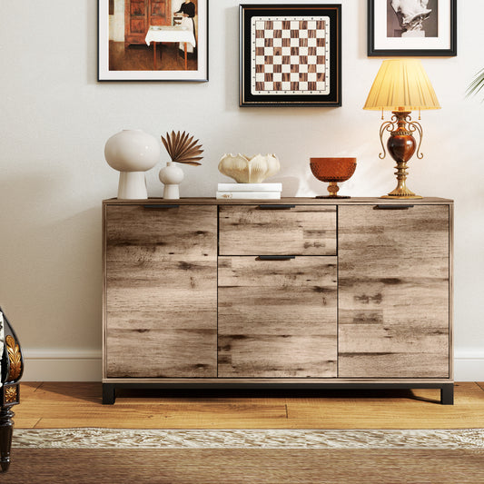 Buffet industriel avec 3 portes de 47", tiroir et 2 étagères réglables pour salon, grain de bois brun