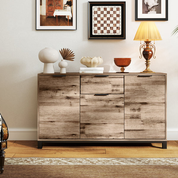 Buffet industriel avec 3 portes de 47", tiroir et 2 étagères réglables pour salon, grain de bois brun