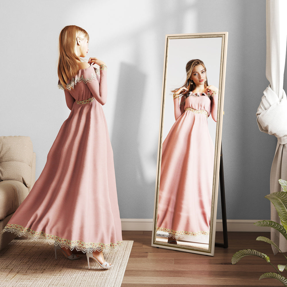 Miroir pleine longueur rectangulaire avec cadre bicolore, grain de bois blanc