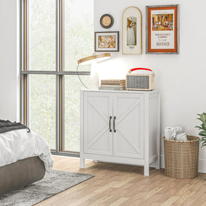 Buffet de cuisine avec porte coulissante de style grange et étagères réglables, aspect bois blanc.