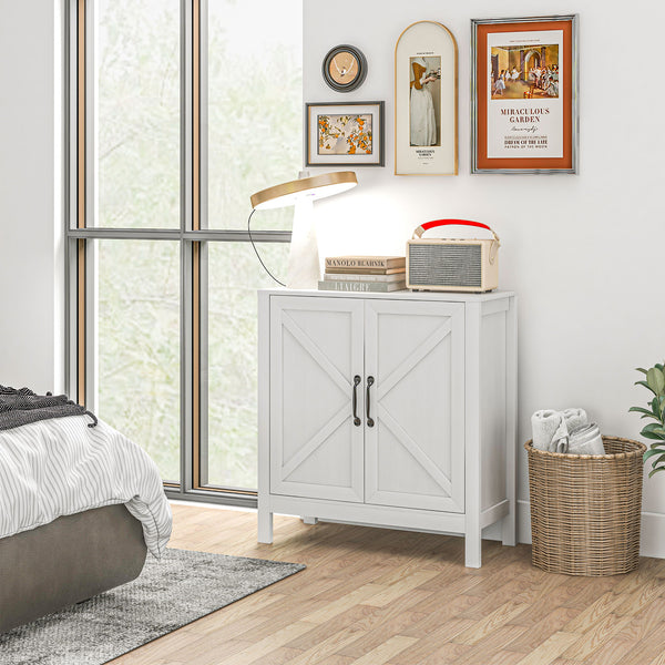 Buffet de cuisine avec porte coulissante de style grange et étagères réglables, aspect bois blanc.