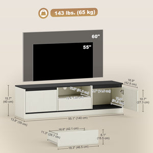 Meuble TV pour téléviseur de 55 à 60 pouces avec placards, étagère et tiroir, blanc