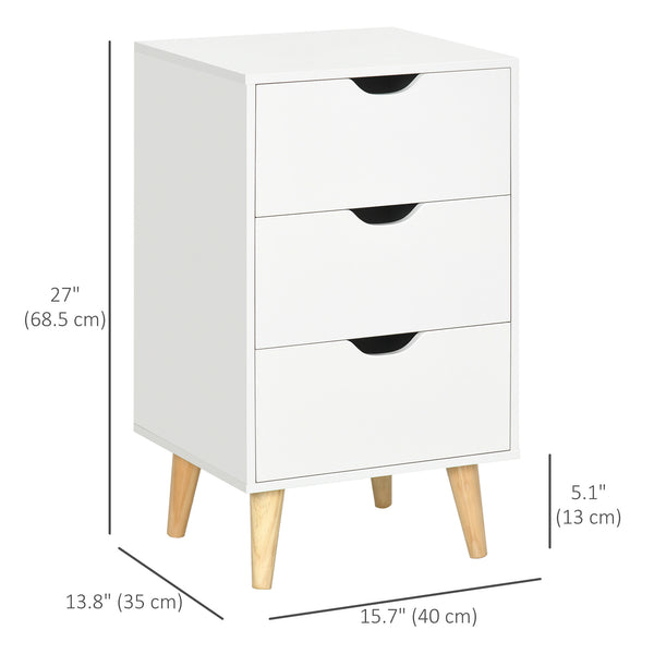Table de chevet moderne à 3 tiroirs avec pieds en bois, blanc