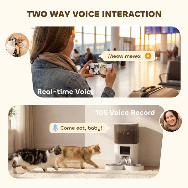 Automatic kibble dispenser with control app and 10-second voice recorder