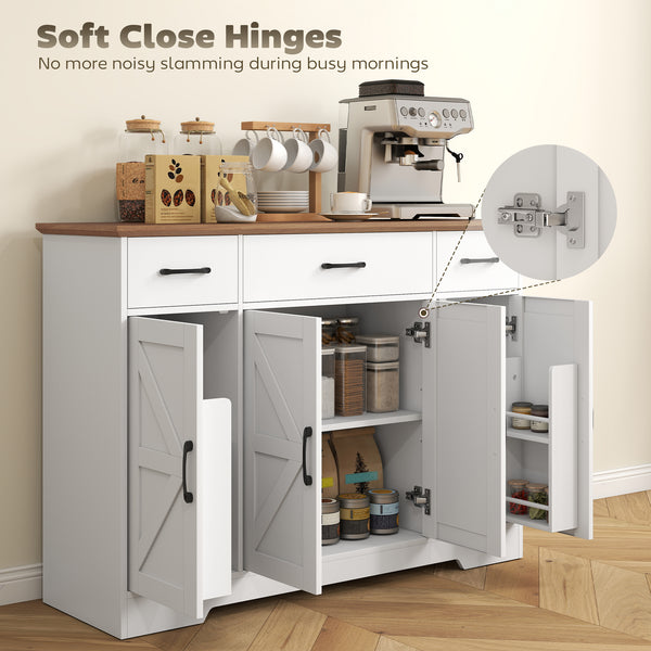 Buffet 47 po avec charnières à fermeture douce, style campagnard, avec 3 tiroirs, étagères réglables et porte-épices, blanc