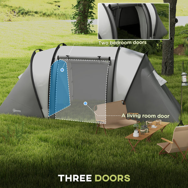 Camping tent with 2 bedrooms and a living area, 3000 mm waterproof, grey.
