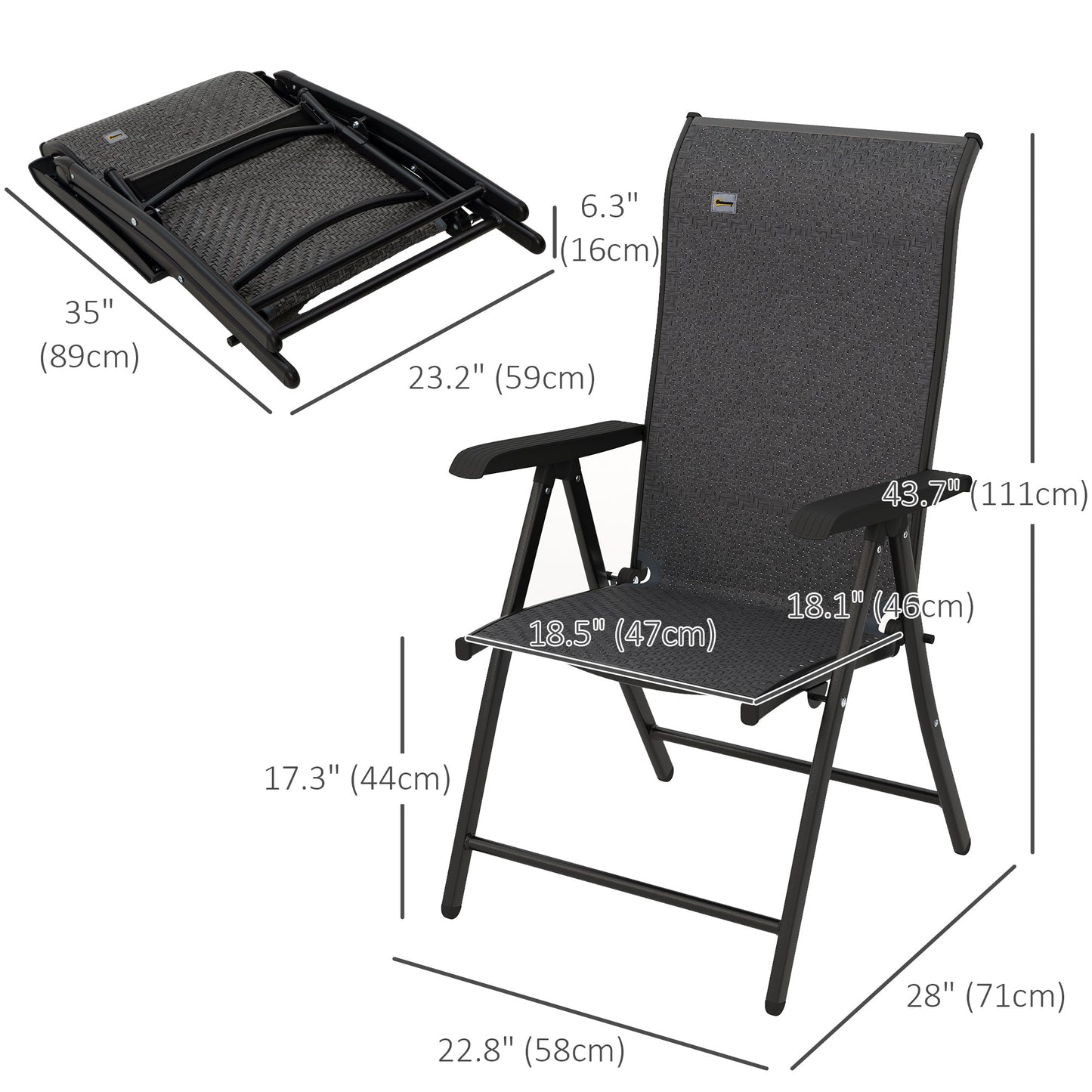 Lot de 2 chaises pliantes d'extérieur en osier avec dossier réglable, gris
