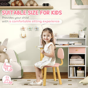 Kids Study Table and Chair Set with Storage and Shelves, for 3-8 Year Olds, Pink