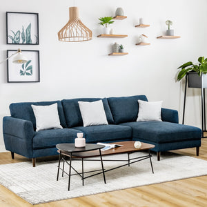 Canapé sectionnel en tissu en forme de L avec chaise longue et pieds en bois massif