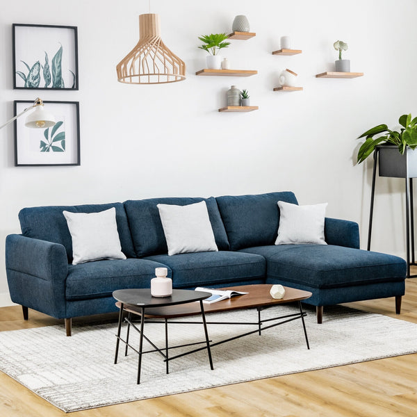 Canapé sectionnel en tissu en forme de L avec chaise longue et pieds en bois massif