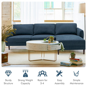 Canapé sectionnel en tissu en forme de L avec chaise longue et pieds en bois massif