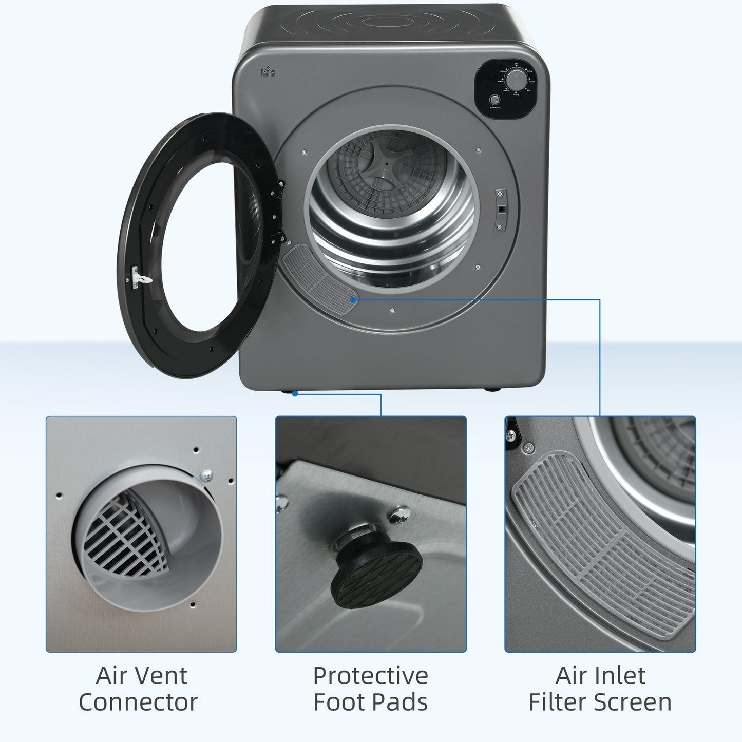Compact Clothes Dryer, 1300W, 3.22 cu. ft., Electric, Portable, with 7 Drying Modes, for Apartment or Dorm, Gray