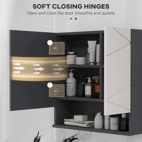 Wall-mounted bathroom cabinet with mirror, adjustable shelf, and soft-close mechanism, light gray
