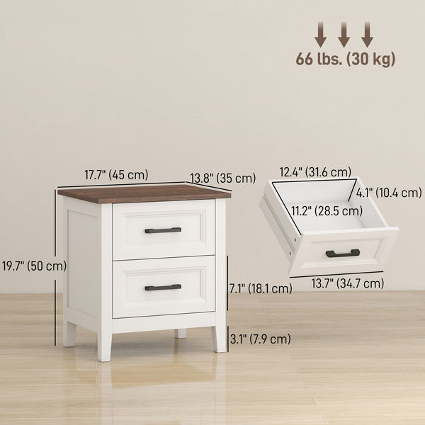 Ensemble de 2 tables de chevet style ferme, avec 2 tiroirs, plateau effet bois, blanches