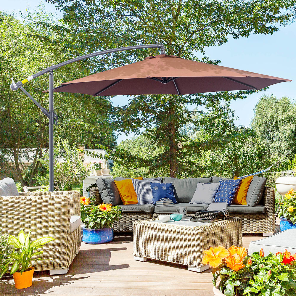 Parasol de terrasse Deluxe 3 m déporté suspendu avec manivelle, base en croix, couleur café