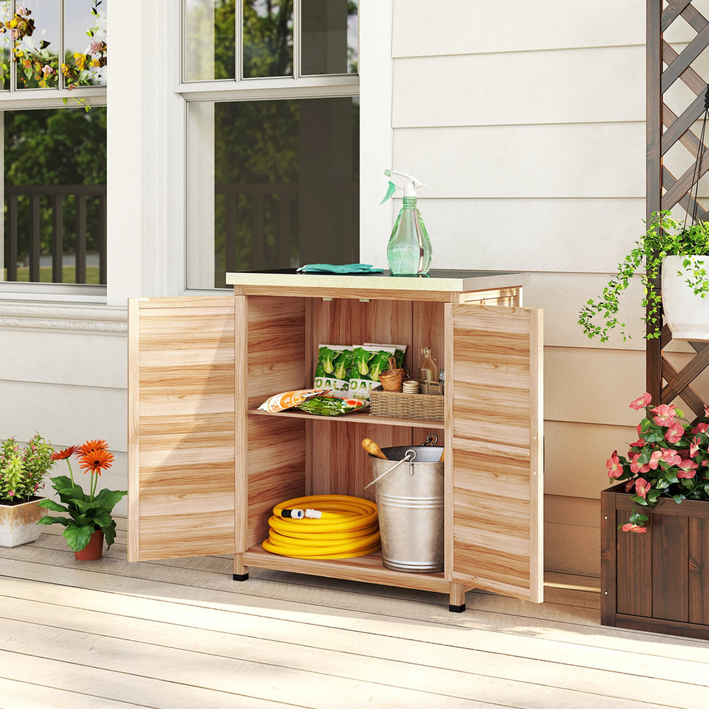 Meuble de rangement de jardin avec plateau en métal, couleur naturelle