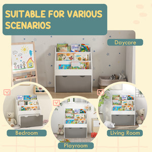 Bibliothèque pour enfants avec 3 étagères et tiroirs, gris