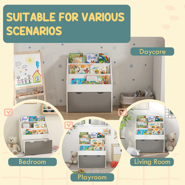 Bibliothèque pour enfants avec 3 étagères et tiroirs, gris