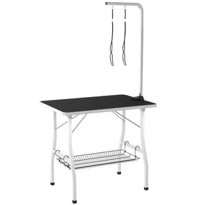 Dog Grooming Table with Adjustable Arm, Mesh Tray, and Two Leashes, Black
