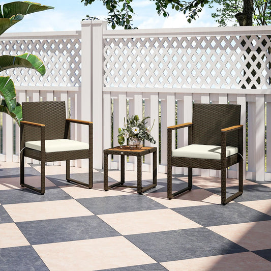 Outsunny 3-Piece Wicker Garden Set, Rattan Bistro Set with Acacia Wood Table and Removable Cushions, White
