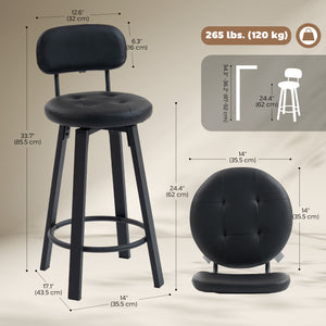Ensemble de 2 tabourets de bar rembourrées avec repose-pieds et dossier pour comptoir de cuisine, noir