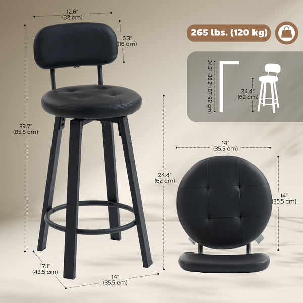 Ensemble de 2 tabourets de bar rembourrées avec repose-pieds et dossier pour comptoir de cuisine, noir