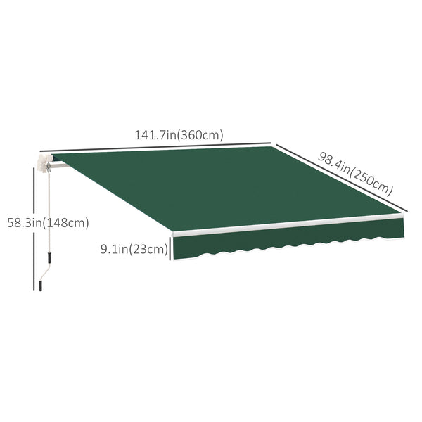 12' x 8' Retractable Awning Patio Awnings Sun Shade Shelter with Manual Crank Handle, UV & Water-Resistant Fabric and Aluminum Frame for Deck Balcony Yard, Green