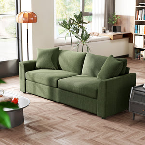 Canapé 3 places rembourré avec ressorts ensachés et 2 coussins décoratifs, vert