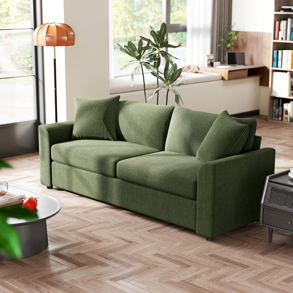Canapé 3 places rembourré avec ressorts ensachés et 2 coussins décoratifs, vert