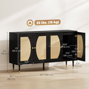 Buffet de rangement bohème avec étagères réglables, portes à fermeture douce et façade en rotin, noir