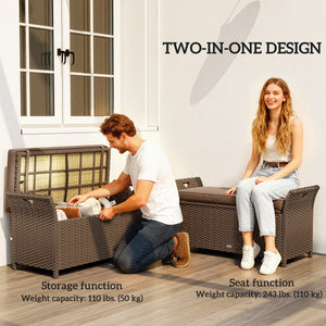 Banc de rangement extérieur 2 en 1 en osier avec poignées et coussin, couleur beige