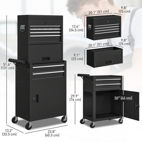 3-in-1 rolling tool chest with 6 drawers and pegboard, black