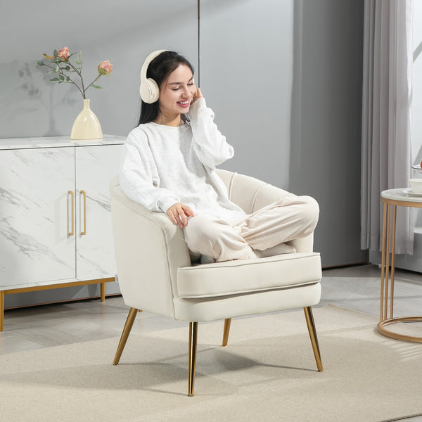 Fauteuil d'appoint moderne en tissu avec pieds en métal doré, blanc crème