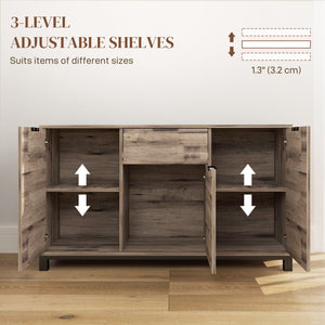 Buffet industriel avec 3 portes de 47", tiroir et 2 étagères réglables pour salon, grain de bois brun