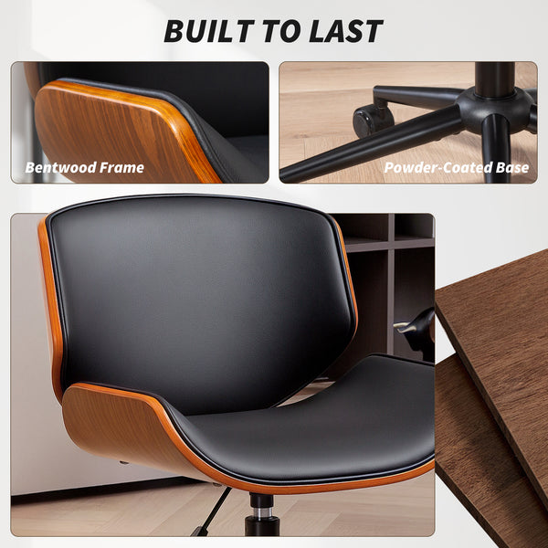 Chaise de bureau moderne sans accoudoirs et à roulettes avec revêtement en similicuir, bois courbé