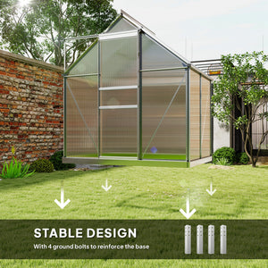 Polycarbonate greenhouse with adjustable roof ventilation, base, sliding door, transparent