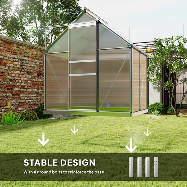 Polycarbonate greenhouse with adjustable roof ventilation, base, sliding door, transparent