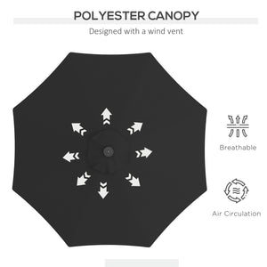 Parasol solaire d'extérieur de 9 pieds, 24 LED, toit inclinable, noir