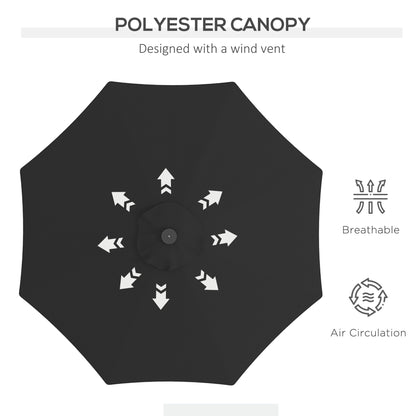 Parasol solaire d'extérieur de 9 pieds, 24 LED, toit inclinable, noir