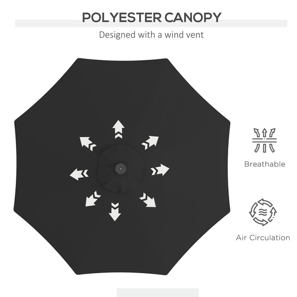 Parasol solaire d'extérieur de 9 pieds, 24 LED, toit inclinable, noir