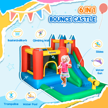 6 in 1 Inflatable Castle House Trampoline Slide Water Pool Gun Climbing Wall Basket with Inflator for Kids 3-12 Years Old Summer 11.5' x 8.8' x 7' Multicolor
